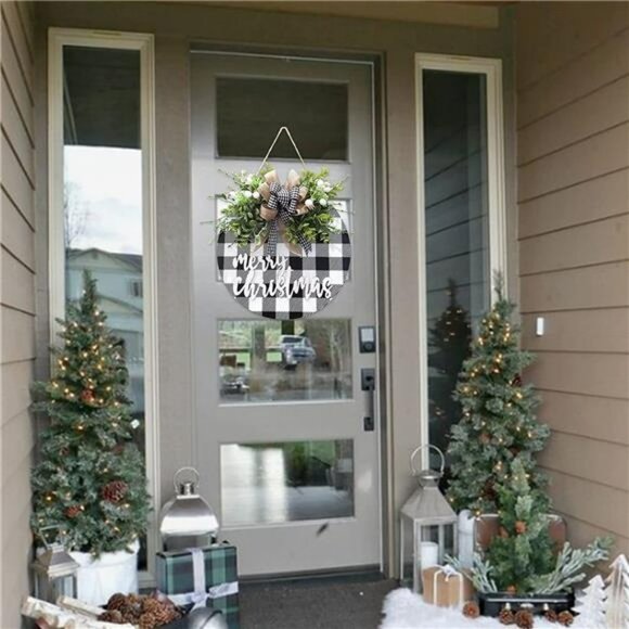 Christmas Wreath Signs, Wood Door Sign, Buffalo Plaid Front Door Decorations - Picture 3 of 7